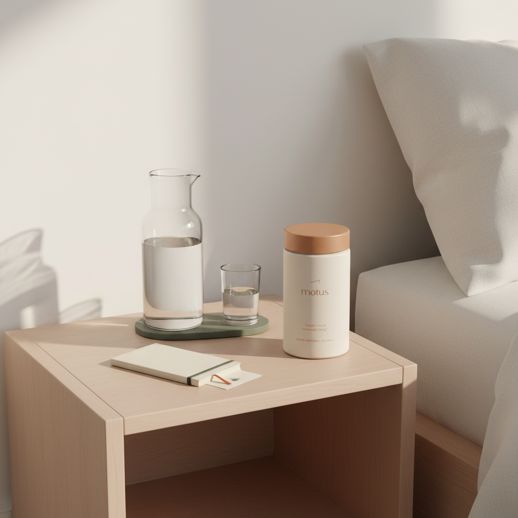 Motus supplement jar from Tonum on a wooden bedside table next to a glass water carafe and closed notebook in Tonum brand tones, showing the creatine product subtly.