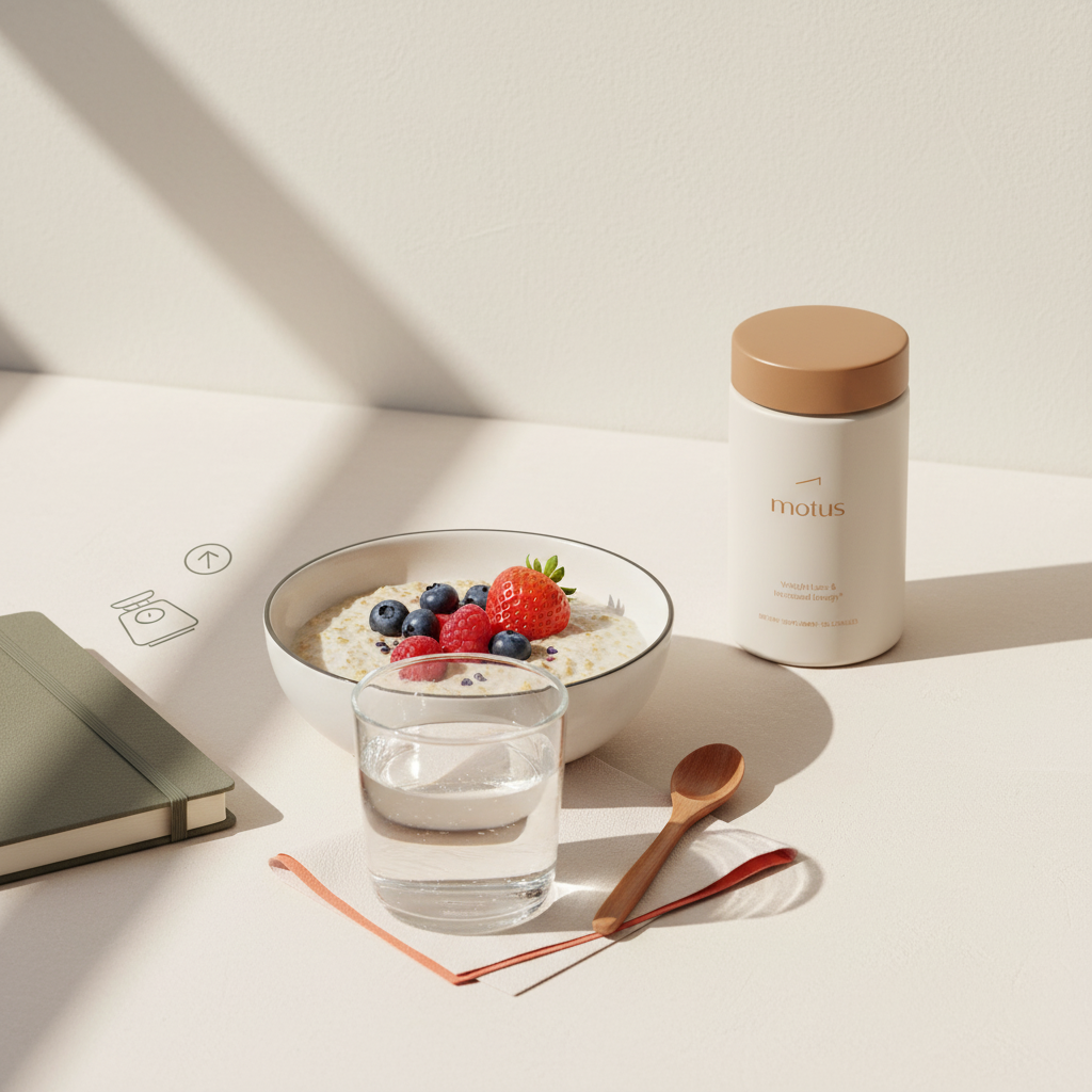 holistic nutrition coach morning vignette with Tonum Motus jar on a minimalist tabletop, bowl of oats with berries, journal and glass of water against a #F2E5D5 background, focused on weight management