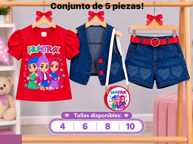 Conjunto infantil de blusa con manga princesa, chaleco jeans y short jeans con brillitos · foto 4