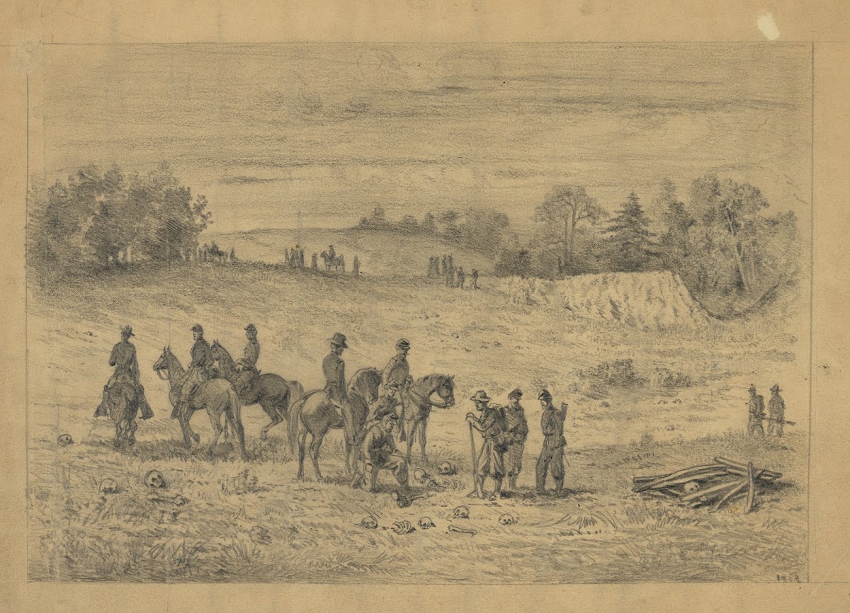 Officers and soldiers on the battlefield of the second Bull Run recognizing the