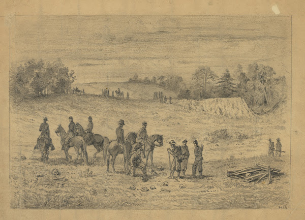 Officers and soldiers on the battlefield of the second Bull Run recognizing the