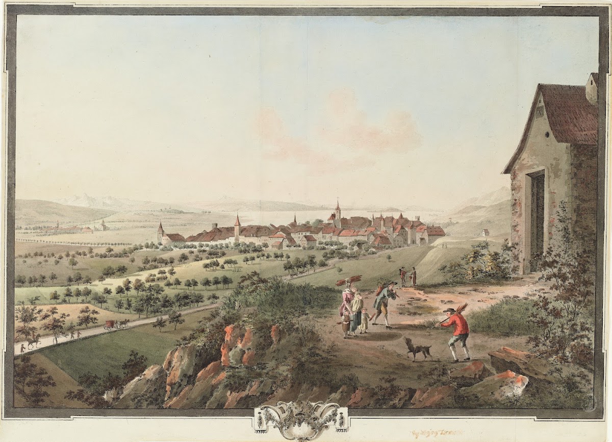 Vue de la Ville de Bienne de Nidau et de lIsle de St Pierre avec les Environs du