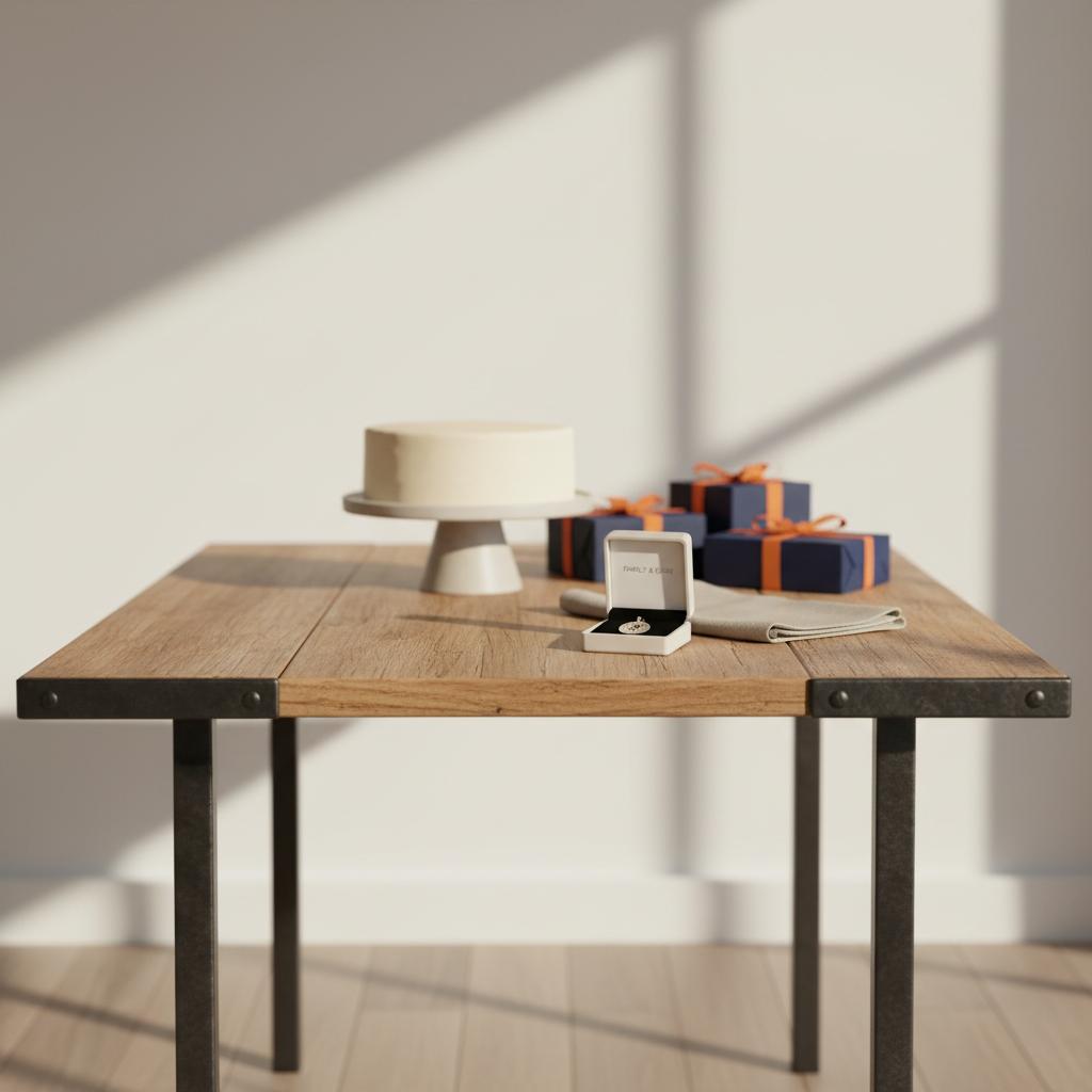 Minimalistischer Esstisch mit einfachem Vanillekuchen, Geschenken und einem gravierten Metallanhänger in einer Schachtel – stimmungsvolle Aufnahme für 14. geburtstag ideen, warmes Licht.