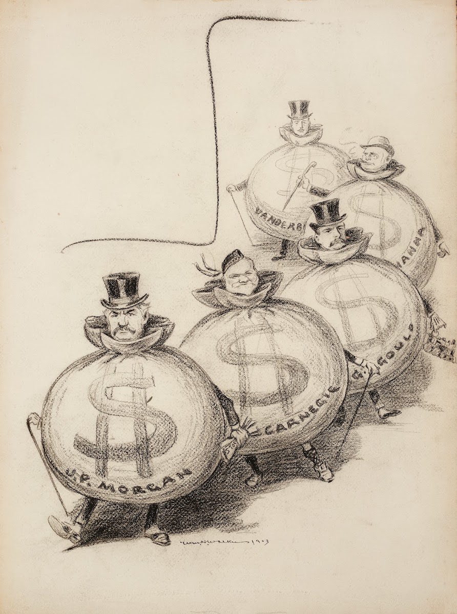 Several men depicted as fat bags of money JP Morgan Andrew Carnegie G Gould Hann