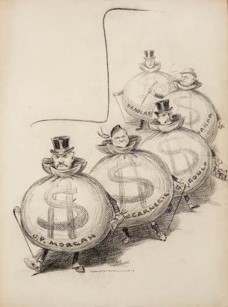 Several men depicted as fat bags of money JP Morgan Andrew Carnegie G Gould Hann