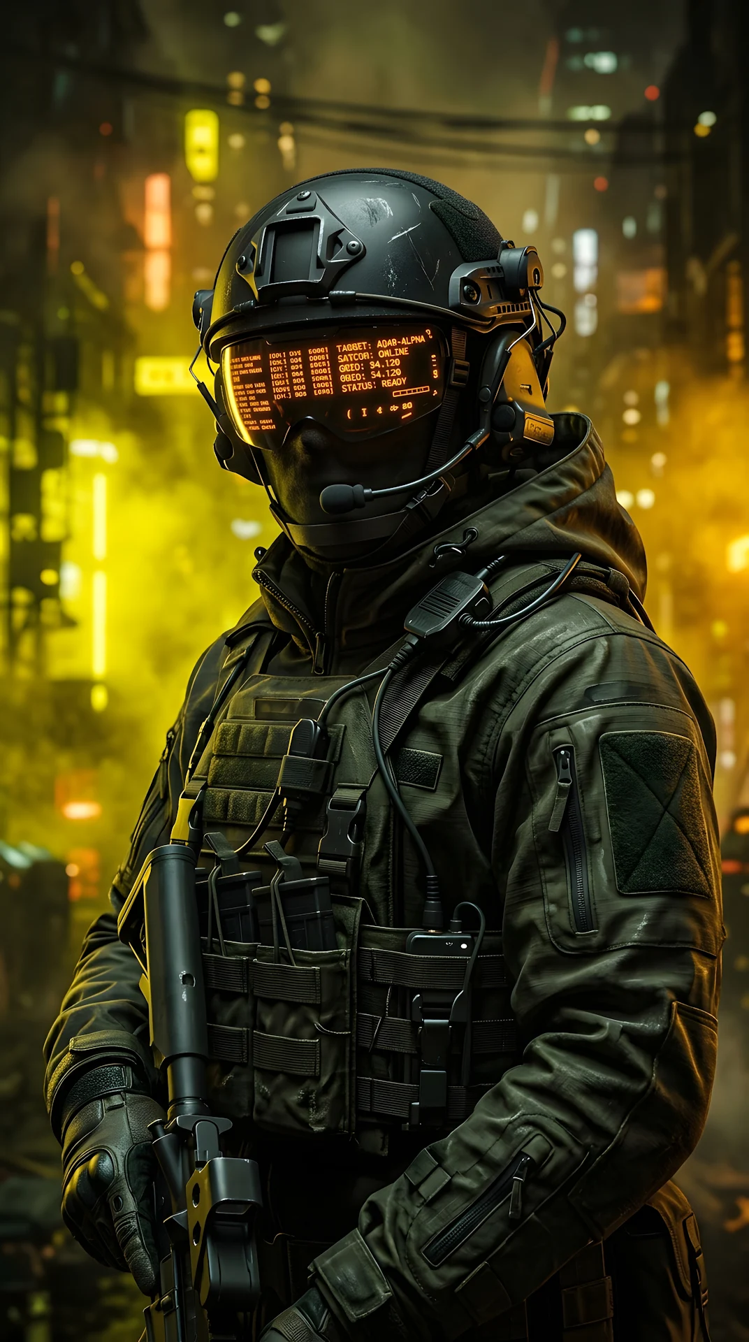 Futuristic Cyberpunk Soldier in Neon City - Free 4K mobile Wallpaper