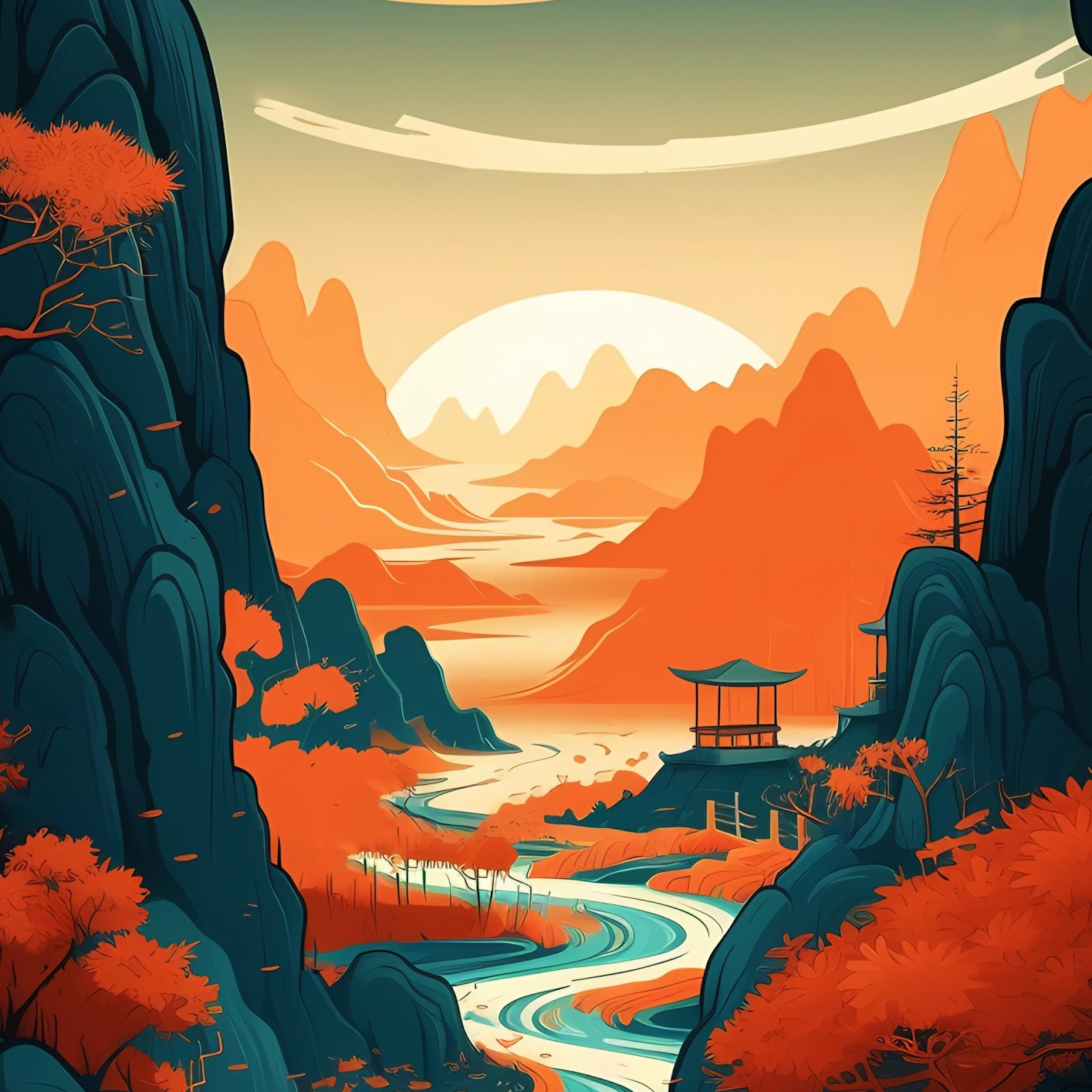 Download Asian Landscape, River Scenery, Mountain View, Pagoda Architecture 2K iPhone