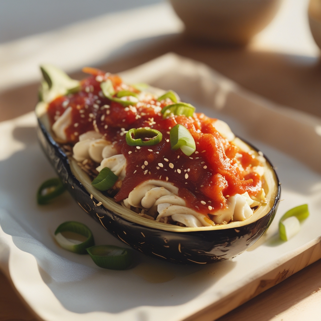 Korean Gochujang Turkey-Stuffed Eggplant Boats with Whipped Sesame Feta