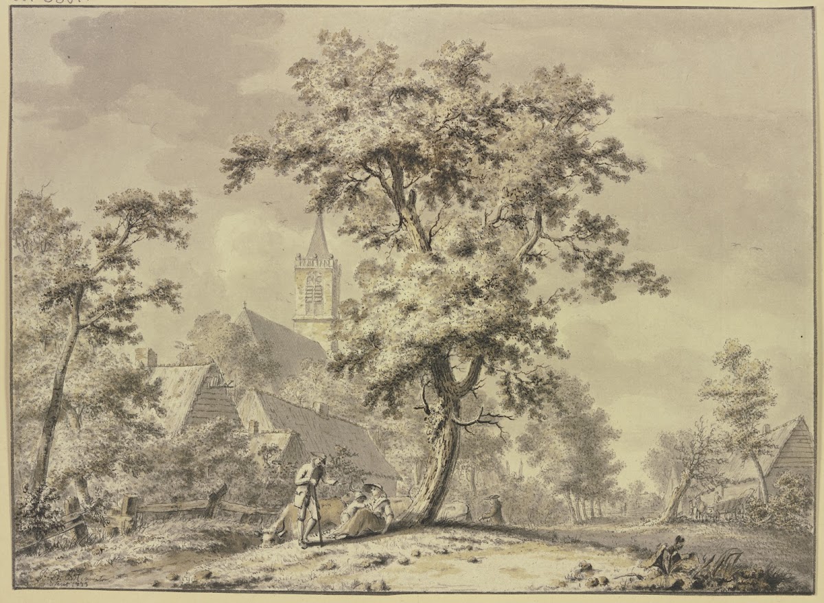 Unter einem Baum sitzt ein Mann mit Frau und Kind und einigen Kühen 1743
