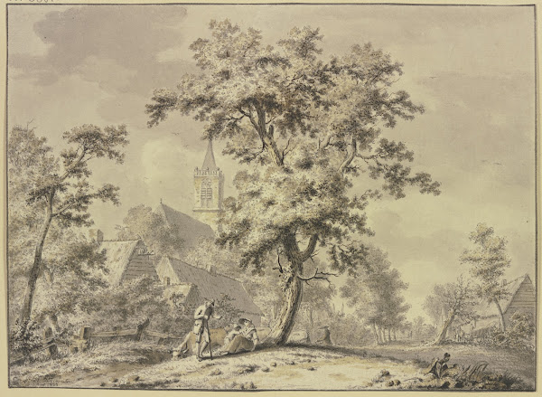 Unter einem Baum sitzt ein Mann mit Frau und Kind und einigen Kühen 1743