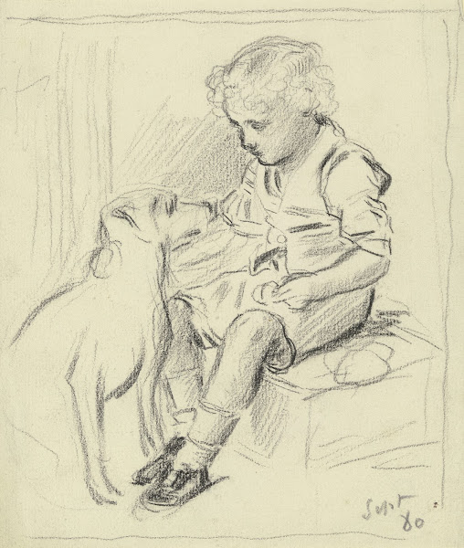 Sitzender Knabe mit sitzendem Hund 1880
