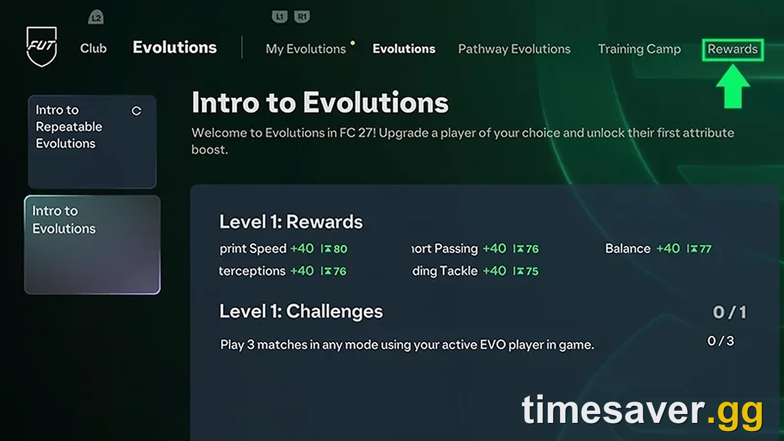 FC 27 Evolutions Rewards tab showing Level 1 reward upgrades and the match challenge required to complete the level