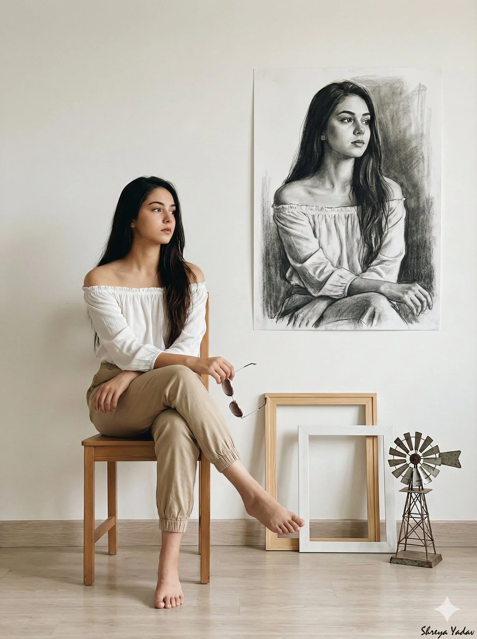 Una mujer de cabello largo y oscuro sentada en una silla de madera, contemplando su propio retrato.