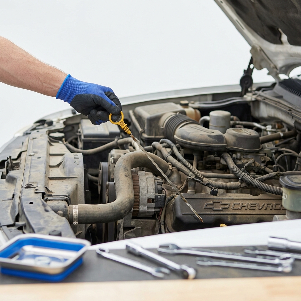 Close up of a used Chevrolet truck engine bay with a mechanic checking fluid levels in a clean minimalist service scene for chevy car dealership near me