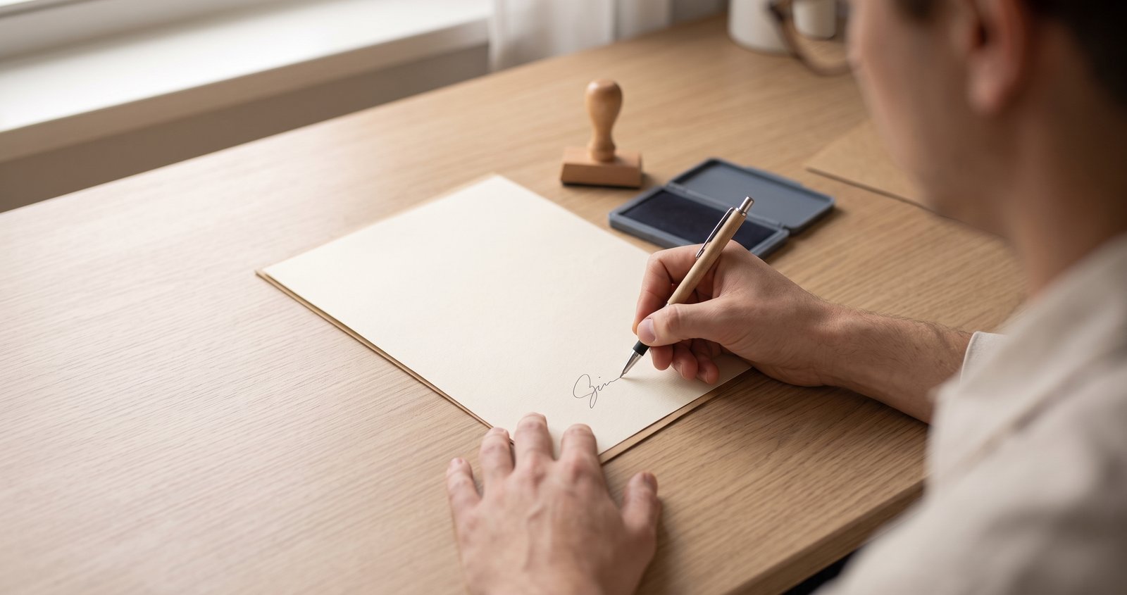 Hands signing a document beside a notary stamp and ink pad