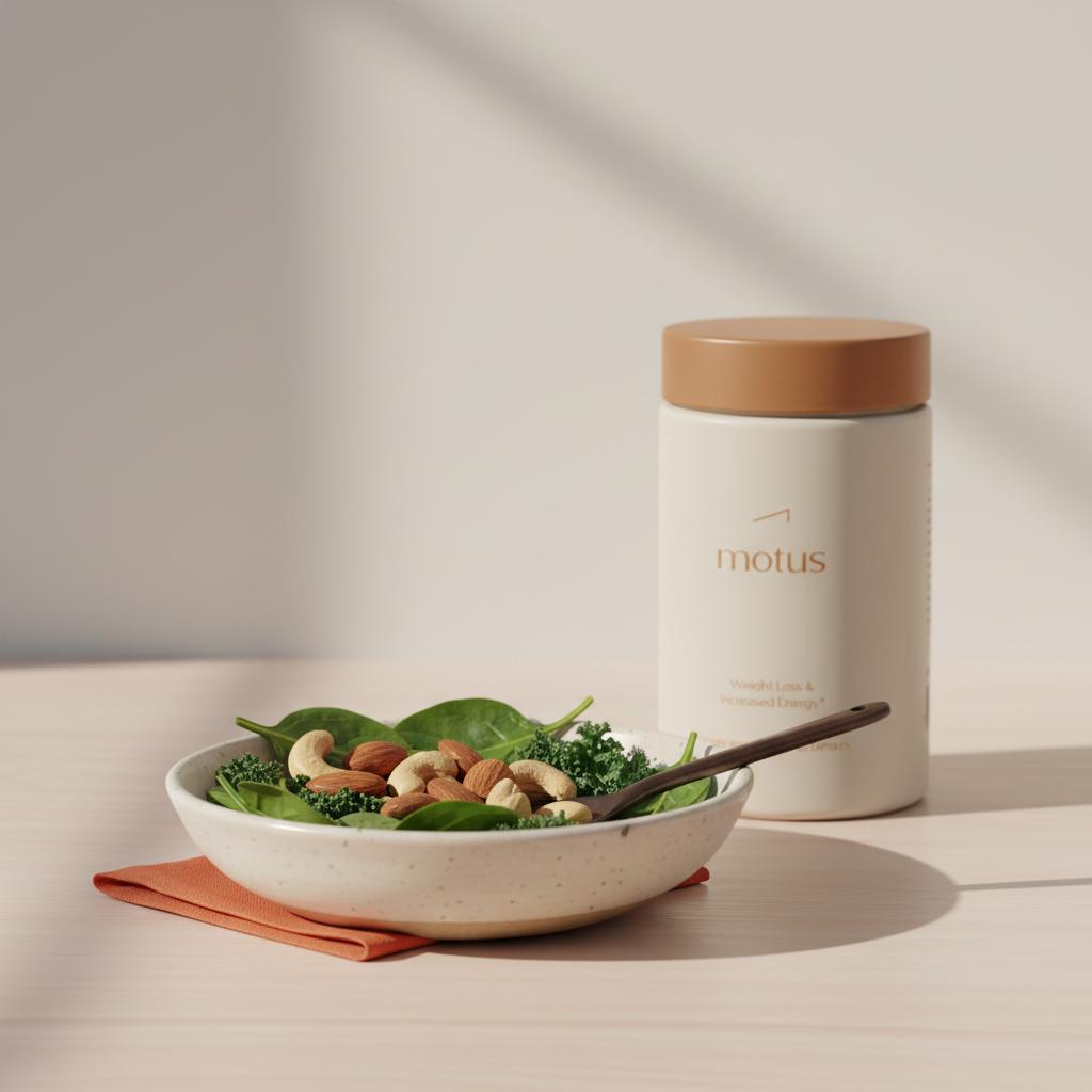 Tonum supplement jar beside a bowl of magnesium-rich nuts and leafy greens on pale wood, illustrating magnesium and insulin sensitivity