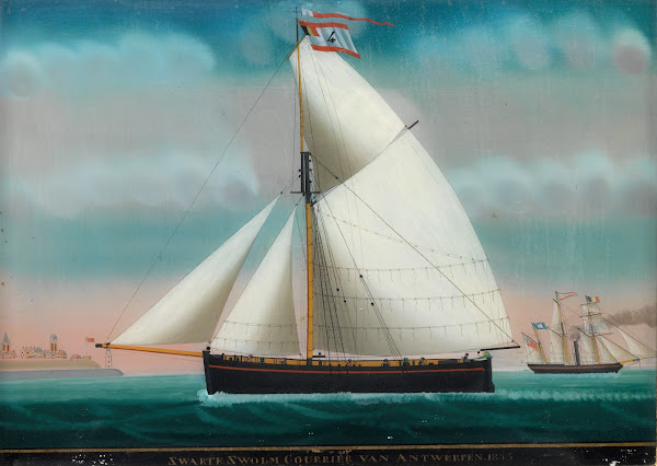 Achterglasschildering met de voorstelling van de sloep Zwarte Zwolm Courrier van