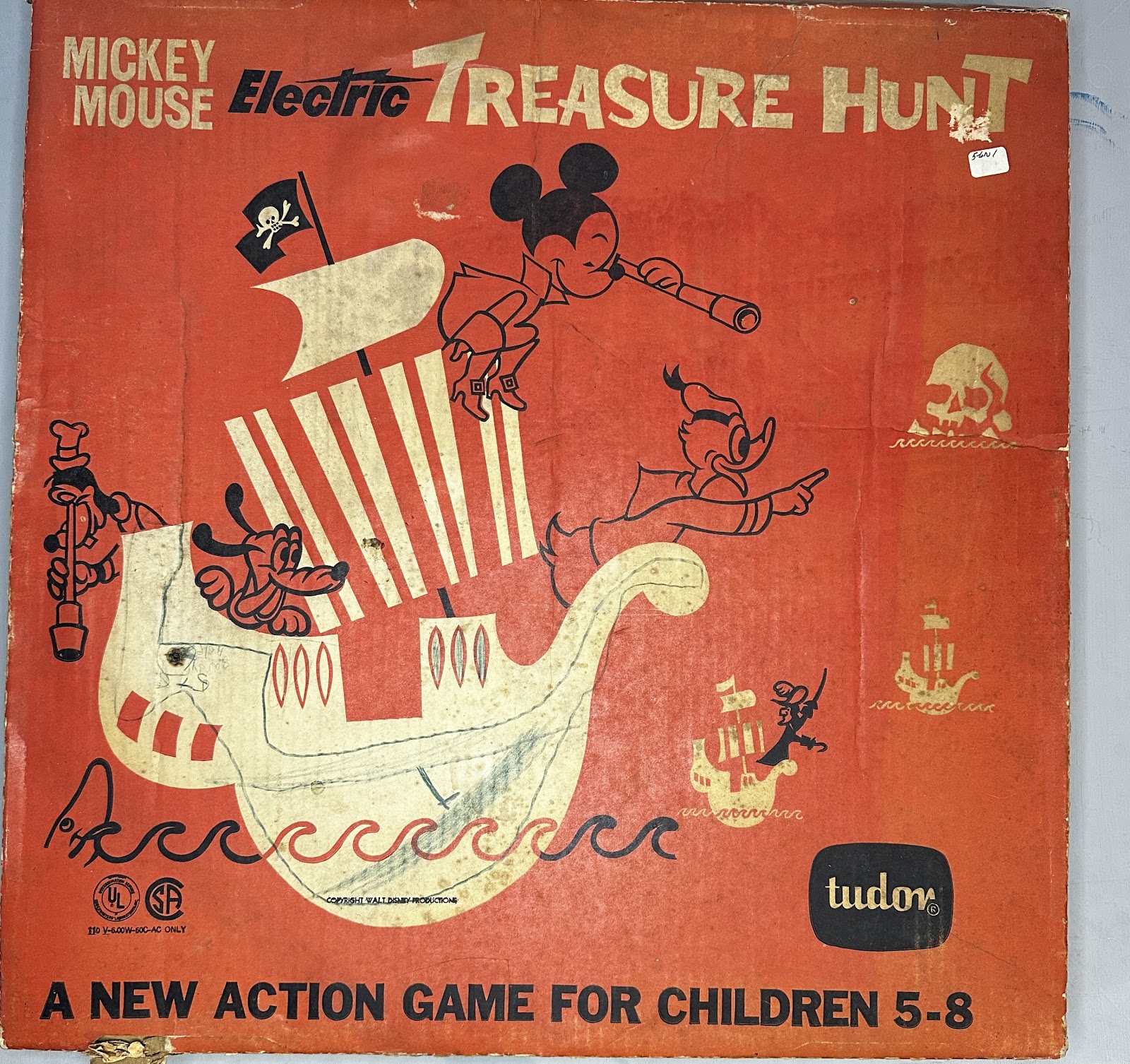 Tudor Mickey Mouse Electric Treasure Hunt game, a battery-operated metal-tray game with Mickey as a pirate captain and Donald, Pluto, Goofy and Pete