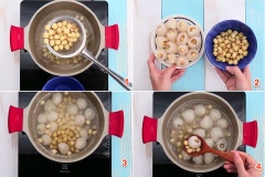 Hạt sen sau khi luộc xong để nguội và ráo nước, rồi lần lượt nhét từng hạt sen vào trong trái vải. Sau đó thả vải và hạt sen còn dư lại vào nước đường nấu thêm khoảng 3 phút nữa, cuối cùng bạn cho vài giọt dầu chuối vào là được.