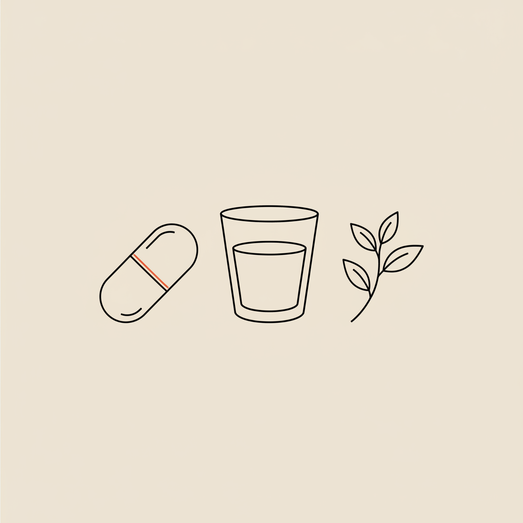 Minimal Tonum-style vector illustration of a capsule, water glass, and tea-leaf sprig on beige background for thermogenic fat burners