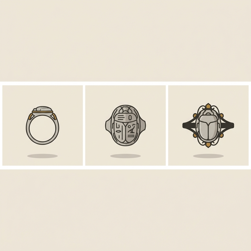 Minimalist 2D vector triptych of three antique scarab ring designs small faience hoop medium inscribed scarab and Victorian revival mounted scarab on cream background