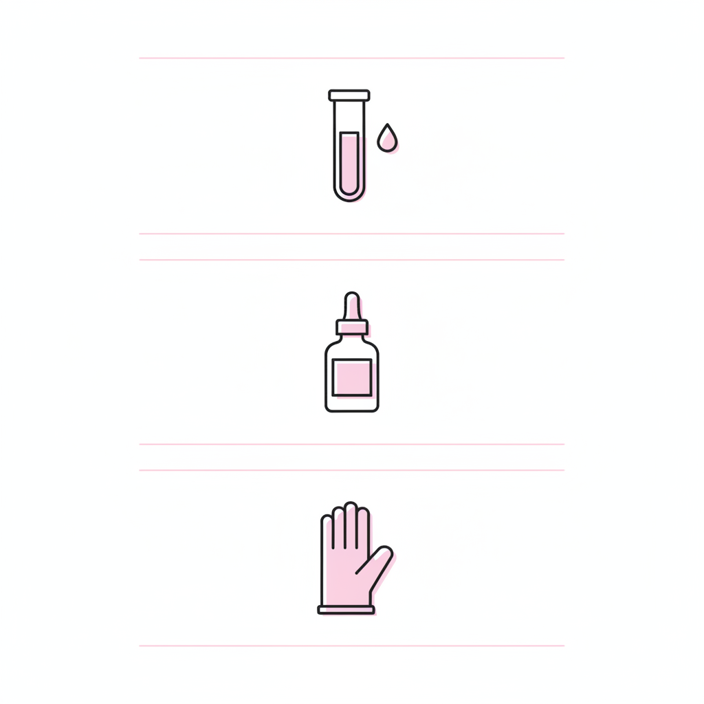 Minimalistische Vektor-Infografik mit drei horizontalen Sektionen und Icons (Bluttest-Röhrchen, Nagelöl, Handschuh) zur Pflege brüchige Nägel