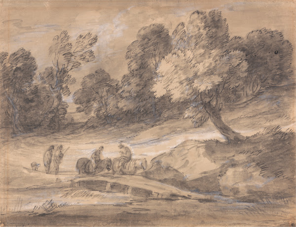 Wooded Landscape with Figures on Horseback Crossing a Bridge between 1775 and 17