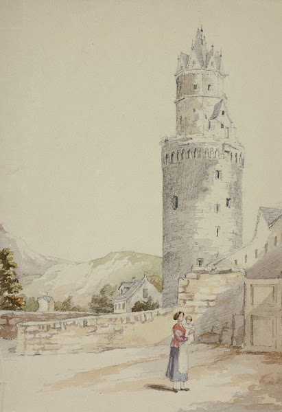 Woman and Child before Walled Town with Tower