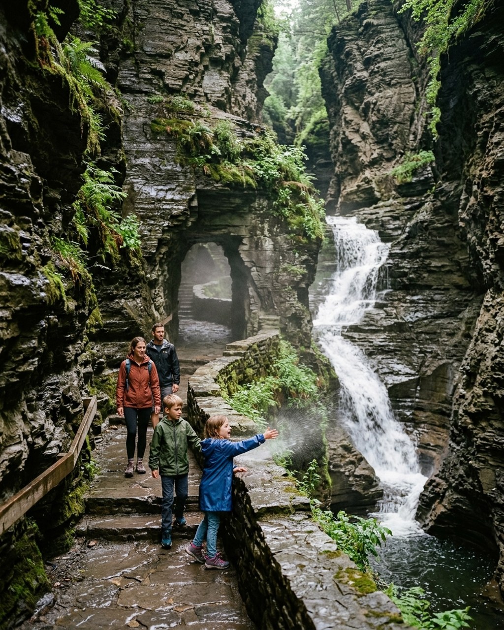 Family on Watkins Glen Gorge Trail with waterfalls and stone tunnel New York