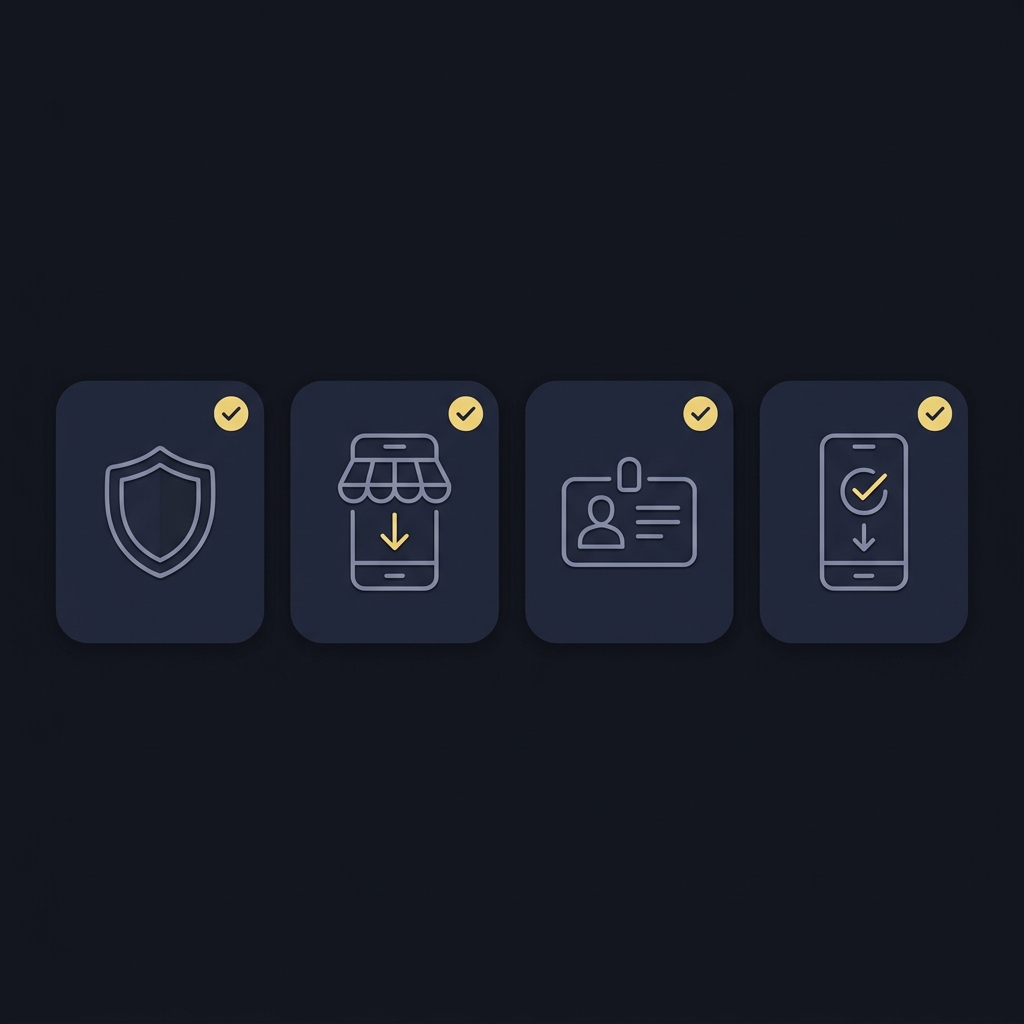 Minimalist 2D vector checklist showing four icon steps to check regulator check app store prepare ID and download from official store in Funded Plays colors 1st bet app download