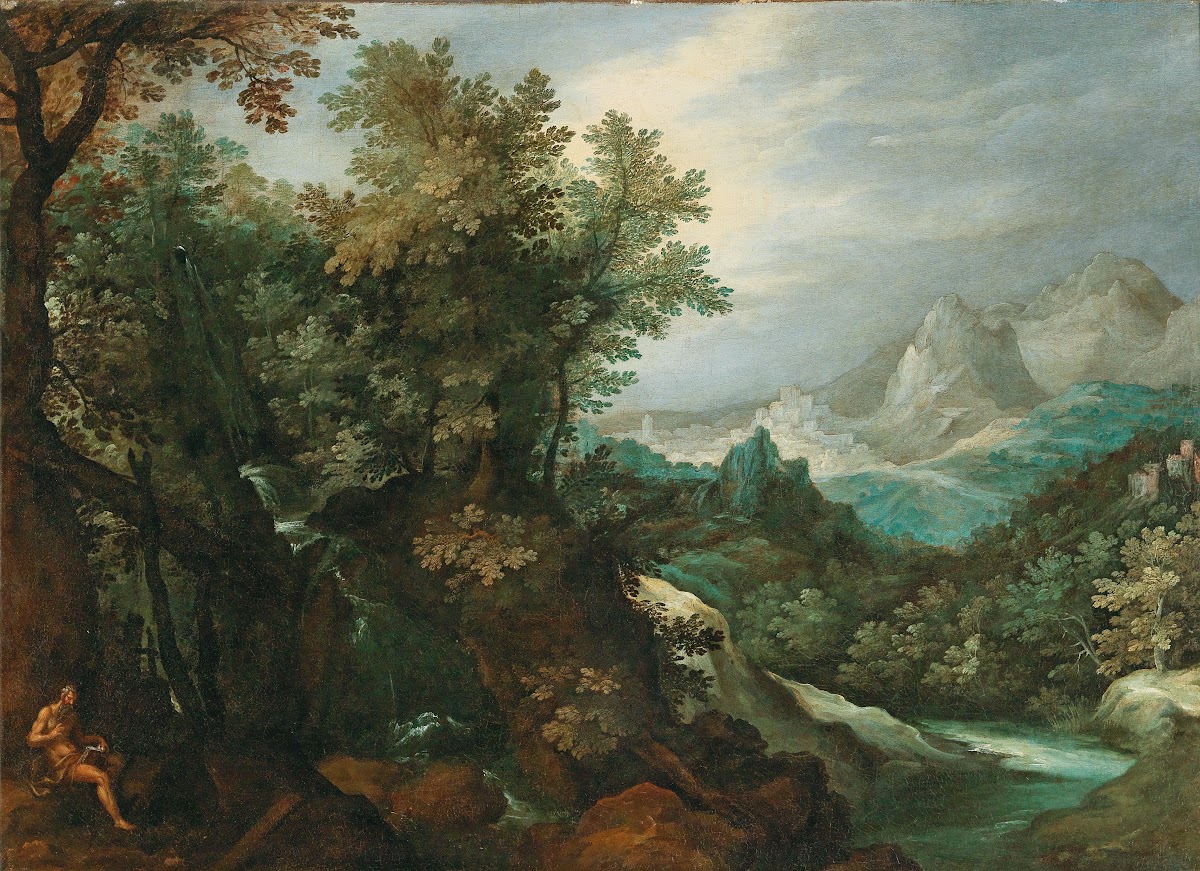 A mountainous river landscape with a hermit