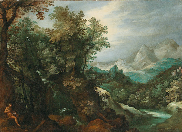 A mountainous river landscape with a hermit