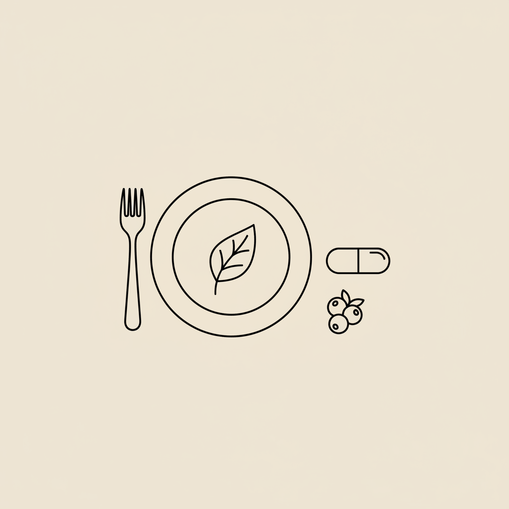 Minimal Tonum-style vector line illustration of a plate with a fork and leaf, plus a capsule outline and small berry on beige background illustrating what is sustainability.