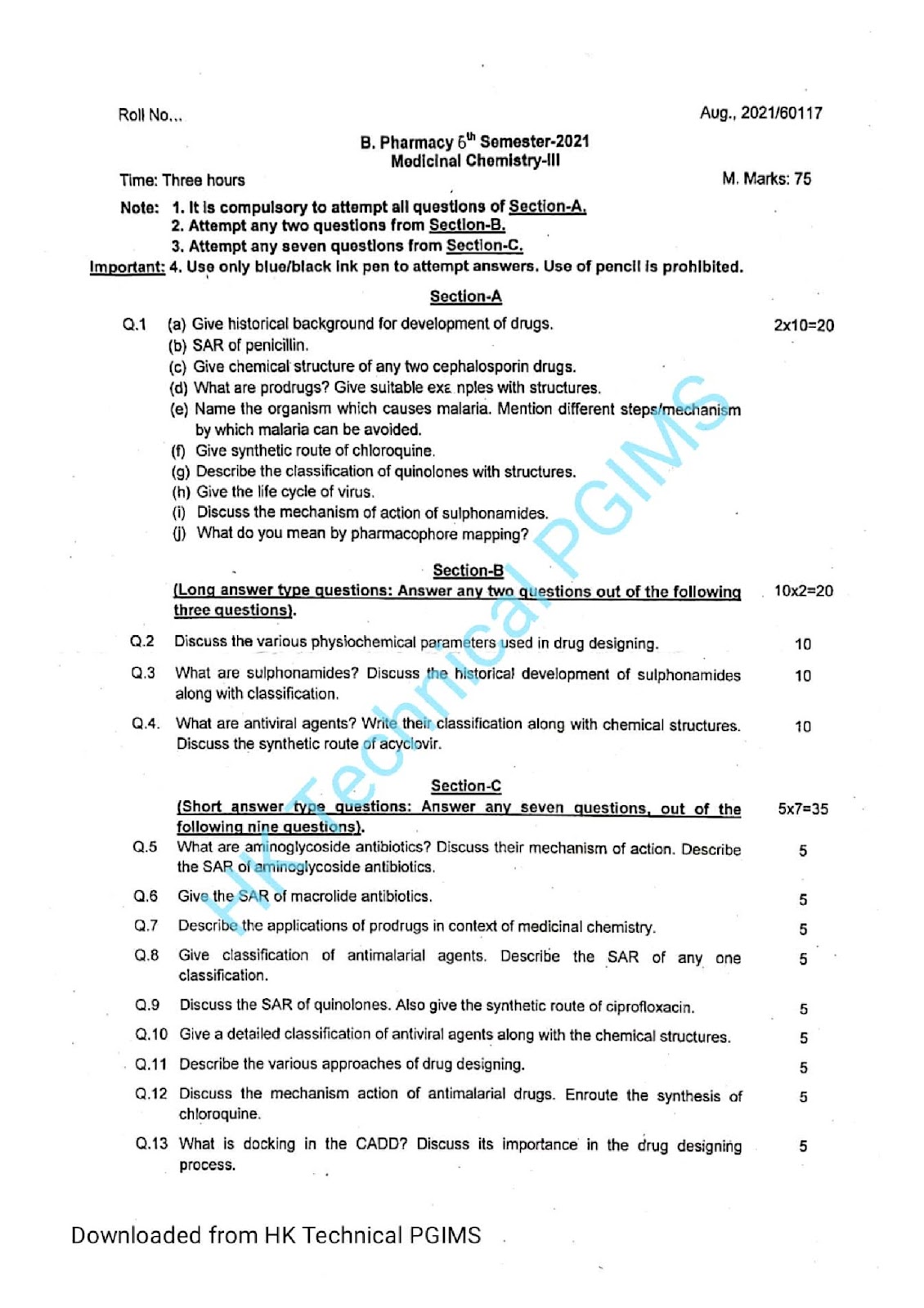 BP601T Medicinal chemistry III UHSR 6th Semester B.Pharmacy Previous Year's Question Paper,BP601T Medicinal chemistry III,BPharmacy,Previous Year's Question Papers,BPharm 6th Semester,PGIMS Question Paper,University of Health Sciences Rohtak (UHSR),