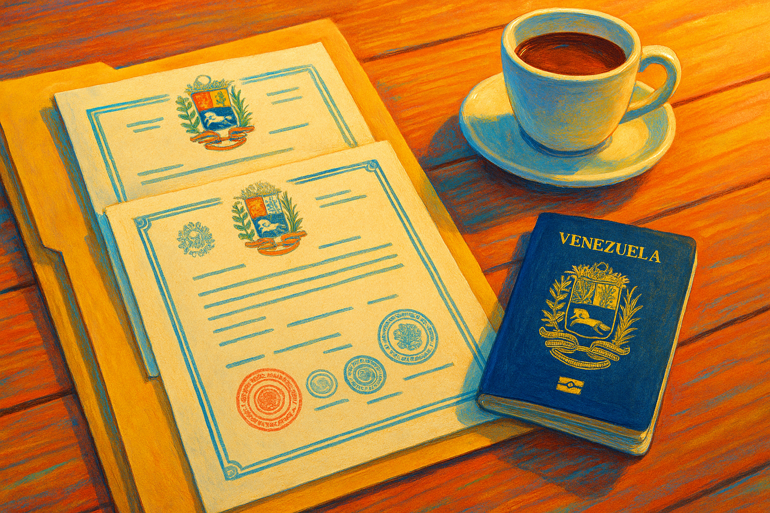 Carpeta de documentos y pasaporte sobre mesa, trámites migratorios venezolanos