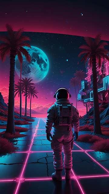 Astronaut on Neon Grid Road Under Cyan Moon - Free mobile Wallpaper
