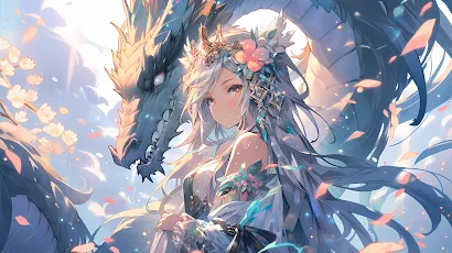 Anime, Dragon, Ai Art, Digital Art, Flower In Hair 5K Wallpaper Background