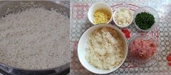 Gạo nếp vo sạch với nước, sau đó để ráo cho vào xửng và tiến hành hấp chín thành xôi. Thịt heo mua về băm nhỏ hoặc có thể mua thịt heo bằm sẵn, hành lá thái nhỏ, gốc hành và gừng băm nhỏ, củ năng gọt vỏ băm nhỏ.