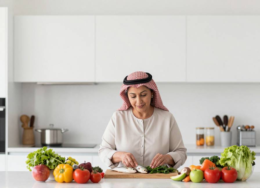 امرأة عربية متوسطة العمر تختار طعامًا صحيًا