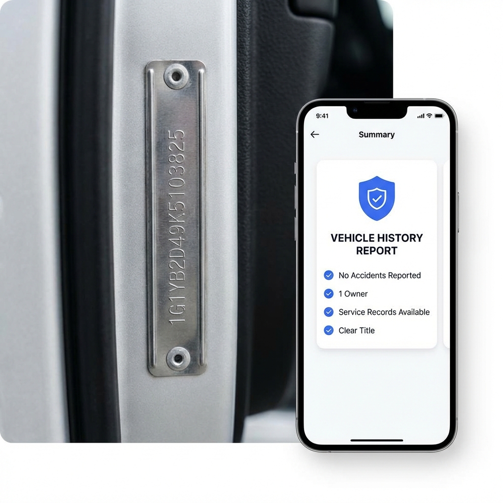 Close up of a VIN plate and a smartphone displaying a vehicle history report for a toyota suv for sale on a clean white background with blue brand accents