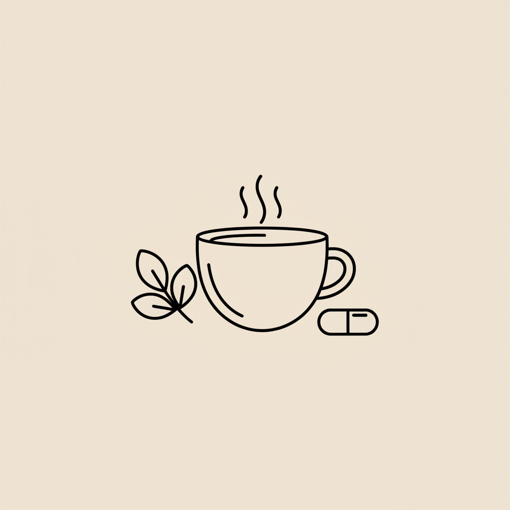 Minimal Tonum-style line illustration of a steaming teacup, a small capsule and a leaf cluster on beige background — best tea for weight loss