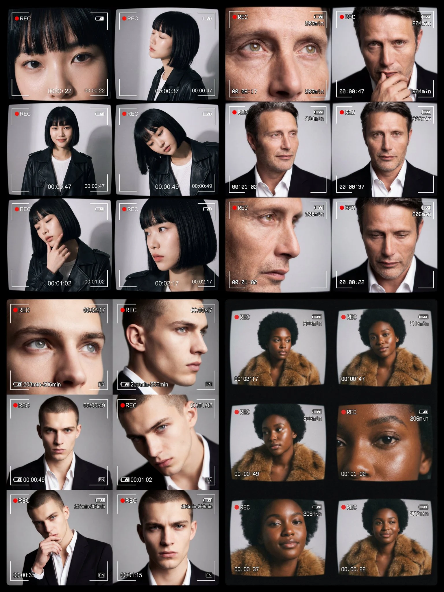 Collage cinematográfico de seis retratos futuristas