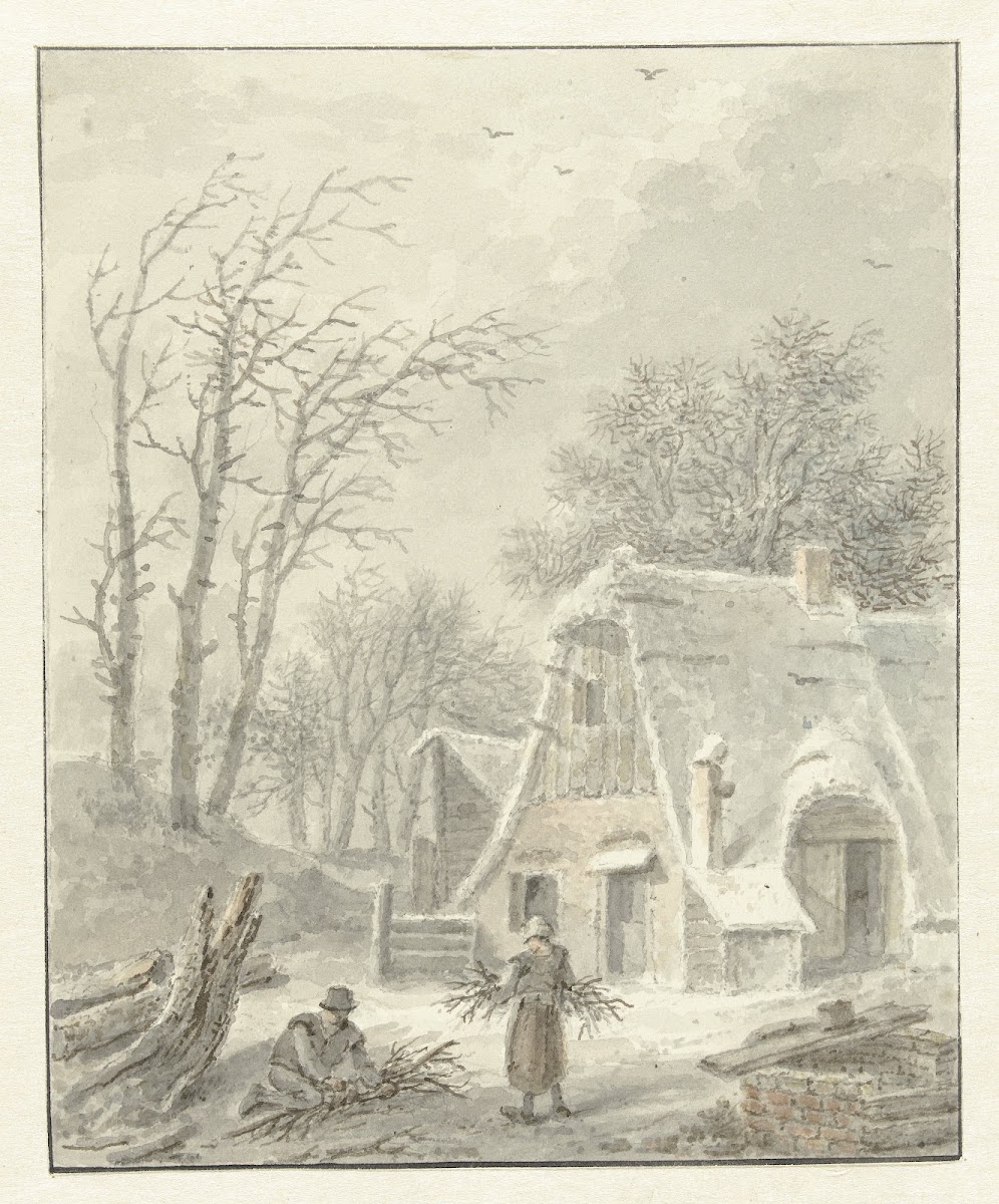 Winterlandschap met houtsprokkelaars voor boerderij 1838