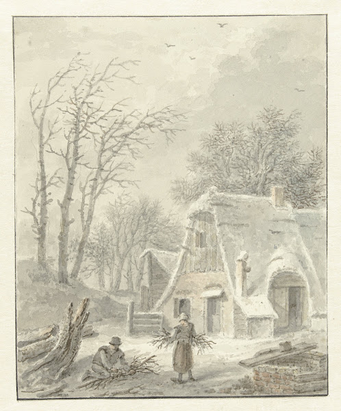 Winterlandschap met houtsprokkelaars voor boerderij 1838