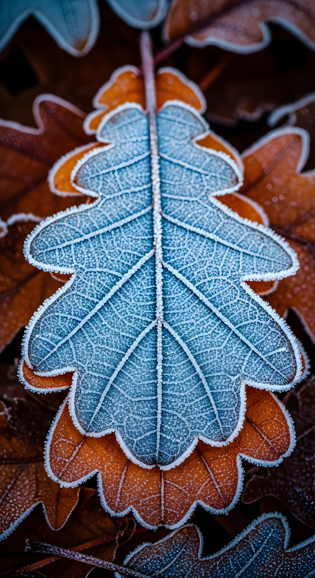 Macro View of Blue Frosted Oak Leaf on Autumn Foliage - Free 4K mobile Wallpaper