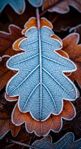 Macro View of Blue Frosted Oak Leaf on Autumn Foliage