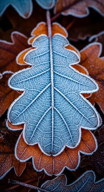 Macro View of Blue Frosted Oak Leaf on Autumn Foliage - Free mobile Wallpaper