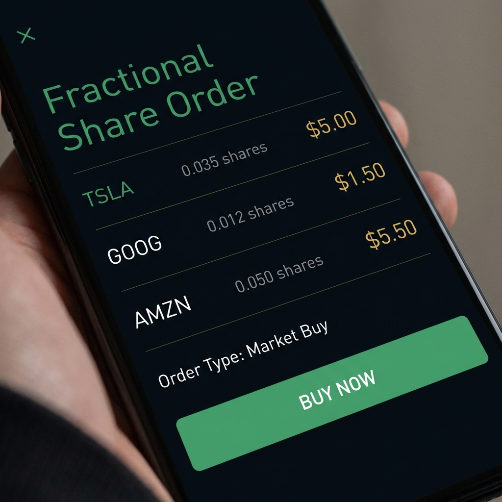 Close up smartphone brokerage app fractional share order showing partial shares and small dollar amounts demonstrating how to make money from the stock market