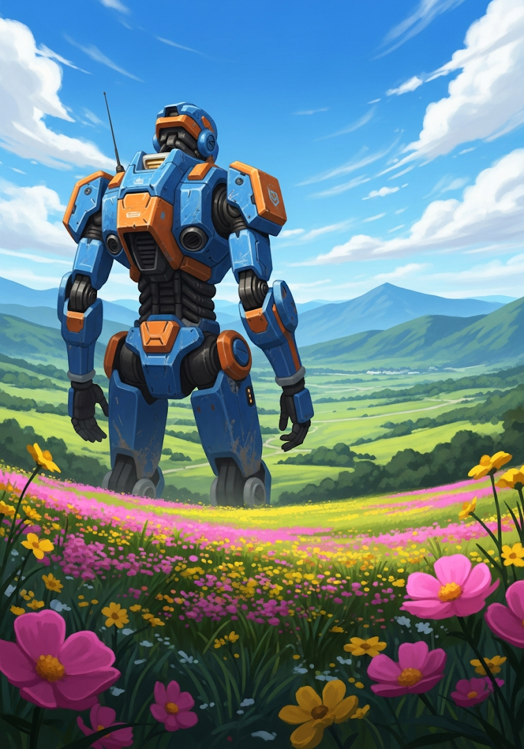 Giant Robot Flower Field Lush Landscape Sci-Fi Art