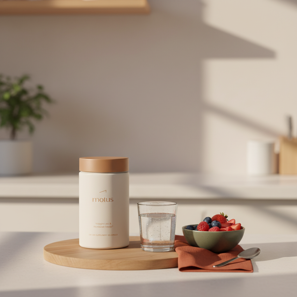 Full-frame lifestyle photo of Tonum Motus supplement jar on a kitchen counter with a bowl of berries and glass of water, minimalist brand palette, referencing lipozene side effects